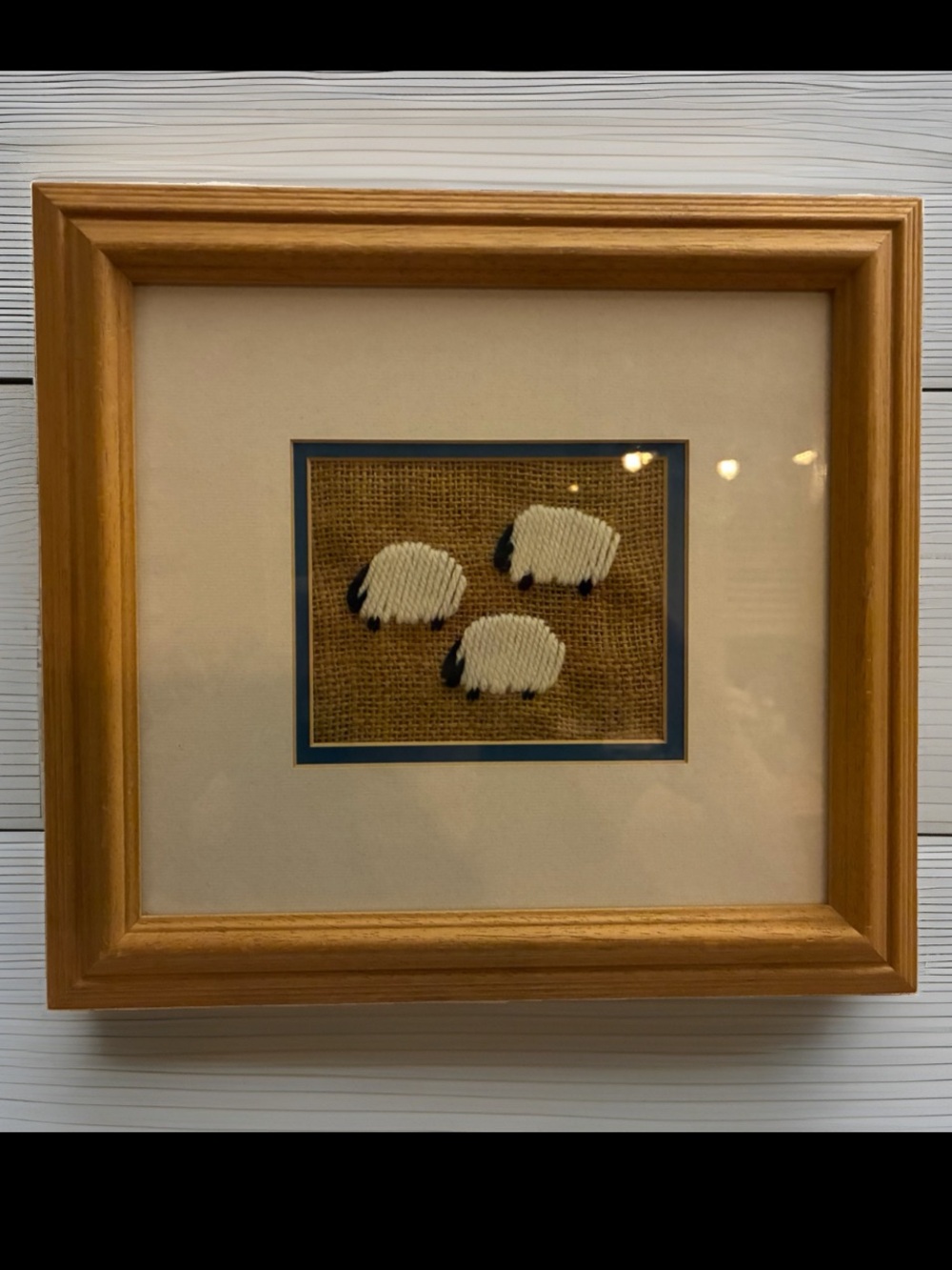 Vintage Ballindarra Crafts Irish Framed Textile Art 3 Woolly Sheep on Burlap